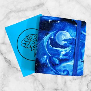 Mythical Blue Dragon notebook cover featuring a blue dragon against a starry sky with a moon and a blue elastic band for closure.