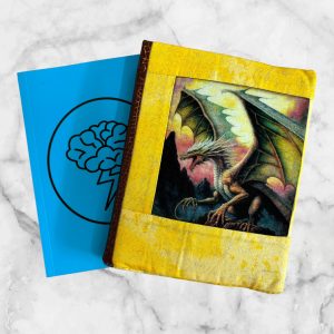 Dragon Fyre notebook cover featuring a fierce dragon on a yellow and brown background.