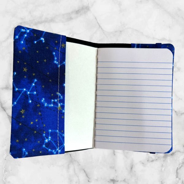 Zodiac sky-themed notebook cover with constellations and stars, designed for 4.5 inches x 3.25 inches mini composition notebooks.