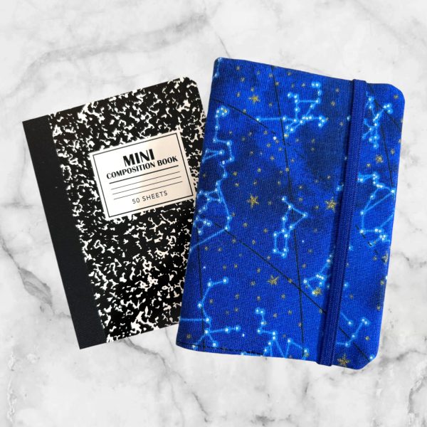 Zodiac sky-themed notebook cover with constellations and stars, designed for 4.5 inches x 3.25 inches mini composition notebooks.