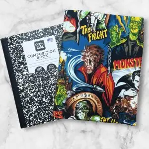 Wolfman Retro Horror themed notebook cover featuring classic horror movie monsters with a wide elastic band for secure closure.