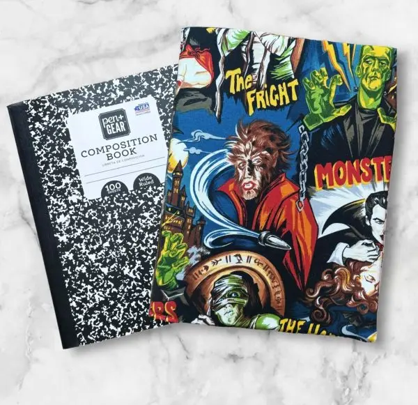 Wolfman Retro Horror themed notebook cover featuring classic horror movie monsters with a wide elastic band for secure closure.