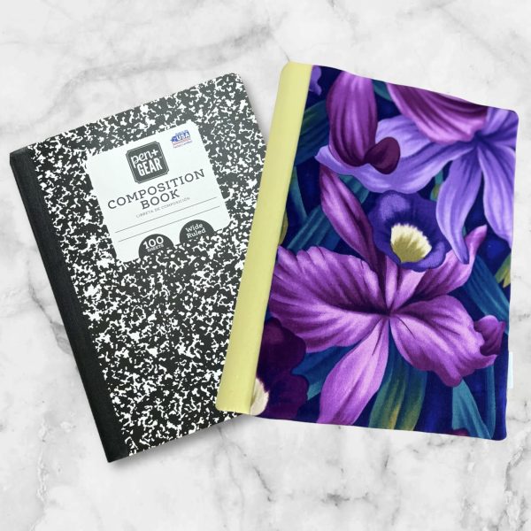 Handmade Purple Orchid composition notebook cover featuring rich shades of purple and green floral design on high-quality fabric.