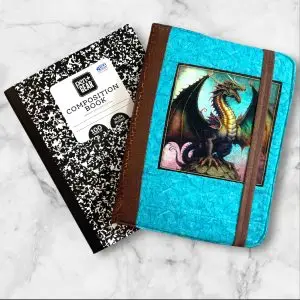 Dragon Fyre composition notebook cover with a majestic dragon on a turquoise background, featuring a brown textured spine.