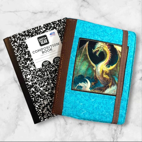 Dragon Fyre composition notebook cover with a majestic dragon on a turquoise background, featuring a brown textured spine.