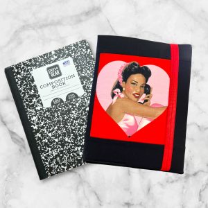 Glamorous Retro Pin-Up Girl Composition Notebook Cover with a smiling pin-up girl in a pink satin top framed by a heart-shaped red background.