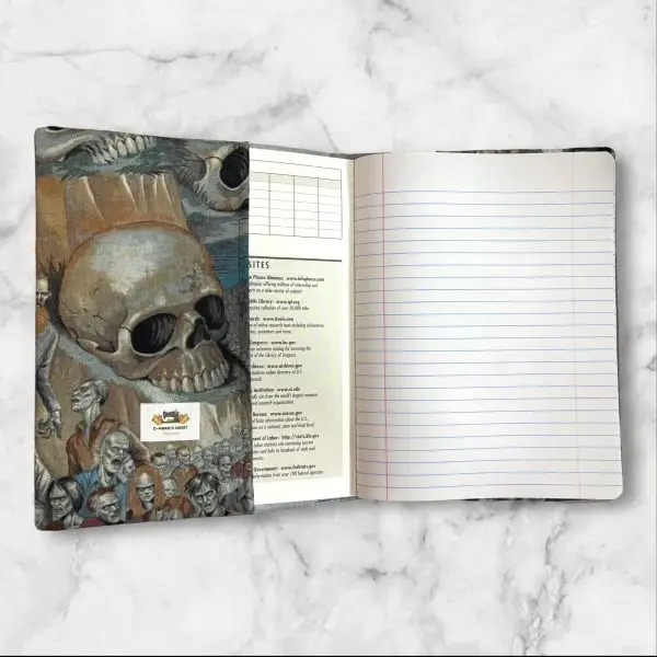 A composition notebook cover with a haunting design of skulls and bones in a dark, muted color palette. The cover features a gray elastic band and is displayed alongside a standard composition notebook.