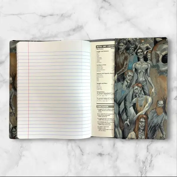 A composition notebook cover with a haunting design of skulls and bones in a dark, muted color palette. The cover features a gray elastic band and is displayed alongside a standard composition notebook.