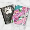 Quilted composition notebook cover with a mix of pink, green, and floral striped patterns, creating a fresh and elegant look.