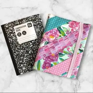 Quilted composition notebook cover with a mix of pink, green, and floral striped patterns, creating a fresh and elegant look.