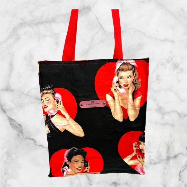 A retro-themed tote bag featuring Alexander Henry's "Dial LOVE" design with pin-up girls on the phone, complemented by a "Girl Talk" lining.