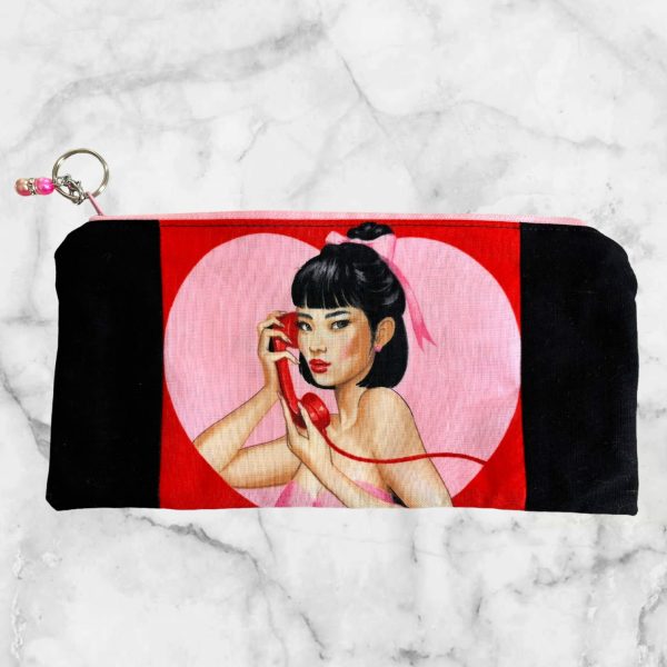 Stylish Retro Pin-Up Girl - Dial LOVE Zipper Pouch featuring a girl with a pink ribbon, pink zipper, and lined with Girl Talk fabric.