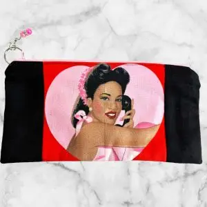 Glamorous Retro Pin-Up Girl - Dial LOVE Zipper Pouch with a retro phone girl illustration, pink zipper, and Girl Talk fabric lining.