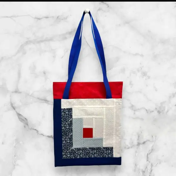 Blue, Red, and White Log Cabin Tote Bag with Striped  Back - Image 3